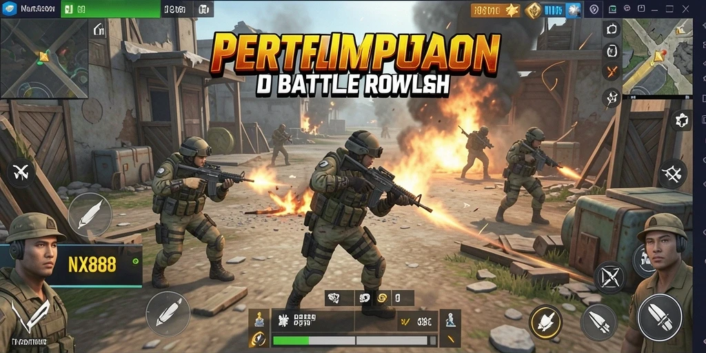 Tangkapan layar gameplay NX888 menunjukkan aksi pertempuran epik Battle Royale.