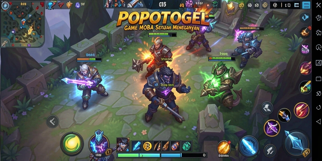 Screenshot utama <strong>POPOTOGEL</strong> menampilkan aksi intens dalam pertempuran tim MOBA.