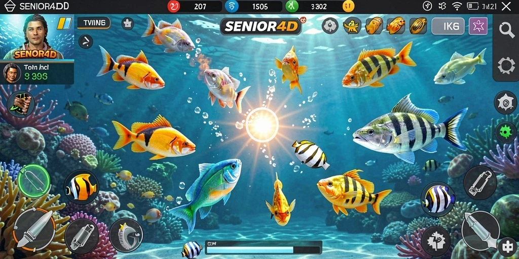 Screenshot gameplay <strong>SENIOR4D</strong> yang menunjukkan aksi menembak ikan.